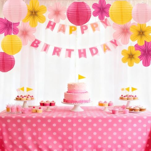 15Pcs Pink Yellow Party Decor Kit, Hanging Paper Lanterns Paper Flowers for Birthday Baby Shower Wedding Classroom Wall Decorations in Saudi Arabia