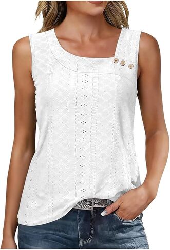 Womens Tank Tops Eyelet Embroidery Sleeveless Loose Fit Blouse Summer Trendy Asymmetric V Neck Y2K Fashion T-Shirts in Saudi Arabia