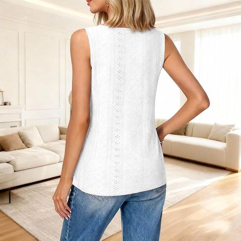 Womens Tank Tops Eyelet Embroidery Sleeveless Loose Fit Blouse Summer Trendy Asymmetric V Neck Y2K Fashion T-Shirts in Saudi Arabia