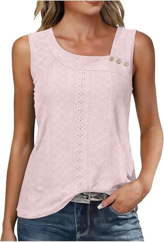 Womens Tank Tops Eyelet Embroidery Sleeveless Loose Fit Blouse Summer Trendy Asymmetric V Neck Y2K Fashion T-Shirts in Saudi Arabia