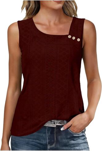 Womens Tank Tops Eyelet Embroidery Sleeveless Loose Fit Blouse Summer Trendy Asymmetric V Neck Y2K Fashion T-Shirts in Saudi Arabia