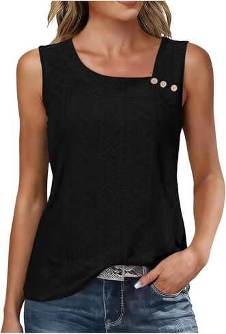 Womens Tank Tops Eyelet Embroidery Sleeveless Loose Fit Blouse Summer Trendy Asymmetric V Neck Y2K Fashion T-Shirts in Saudi Arabia