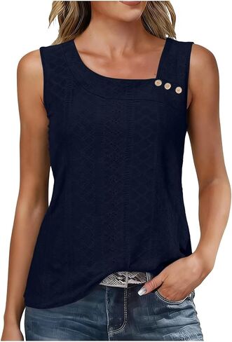 Womens Tank Tops Eyelet Embroidery Sleeveless Loose Fit Blouse Summer Trendy Asymmetric V Neck Y2K Fashion T-Shirts in Saudi Arabia