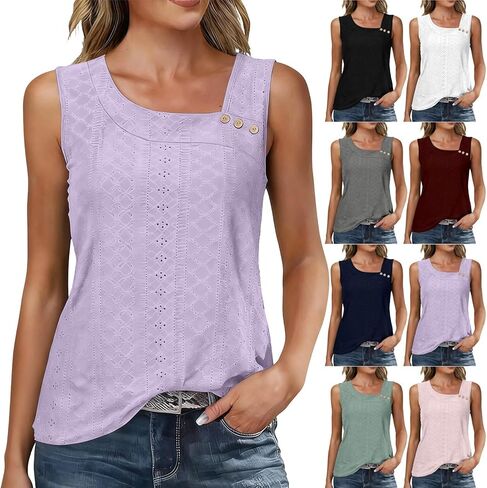 Womens Tank Tops Eyelet Embroidery Sleeveless Loose Fit Blouse Summer Trendy Asymmetric V Neck Y2K Fashion T-Shirts in Saudi Arabia