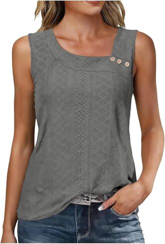 Womens Tank Tops Eyelet Embroidery Sleeveless Loose Fit Blouse Summer Trendy Asymmetric V Neck Y2K Fashion T-Shirts in Saudi Arabia