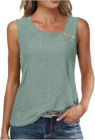 Womens Tank Tops Eyelet Embroidery Sleeveless Loose Fit Blouse Summer Trendy Asymmetric V Neck Y2K Fashion T-Shirts in Saudi Arabia