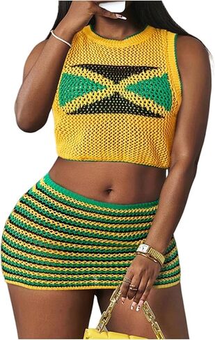 مجموعة تنانير كروشيه نسائية من GORGLITTER مكونة من قطعتين ملابس صيفية مطبوعة بنجوم وقمصان قصيرة وتنانير قصيرة in Kuwait