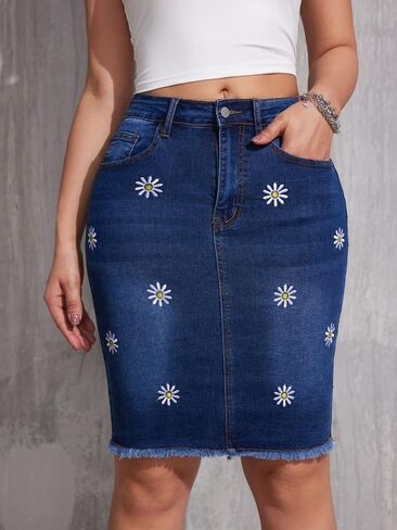 Women's High Waist Denim Mini Skirt Y2k Daisy Print Stretchy Jean Skirt Frayed Hem Pockets Jean Skirts in Saudi Arabia