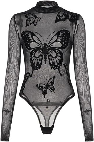 Long Sleeve Mock Neck Black Bodysuit With Butterfly Pattern Sheer Mesh Stretch Fitted Jumpsuit Leotard Top for Women in Saudi Arabia
