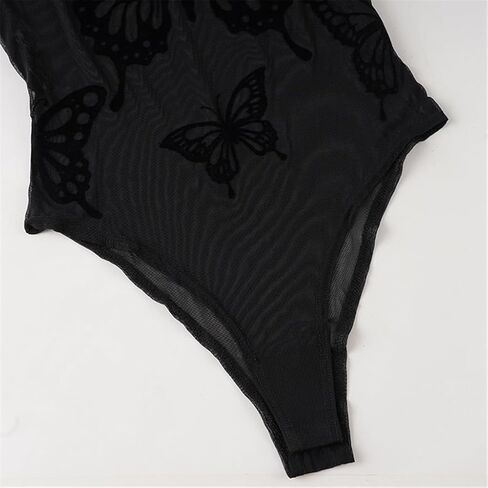 Long Sleeve Mock Neck Black Bodysuit With Butterfly Pattern Sheer Mesh Stretch Fitted Jumpsuit Leotard Top for Women in Saudi Arabia