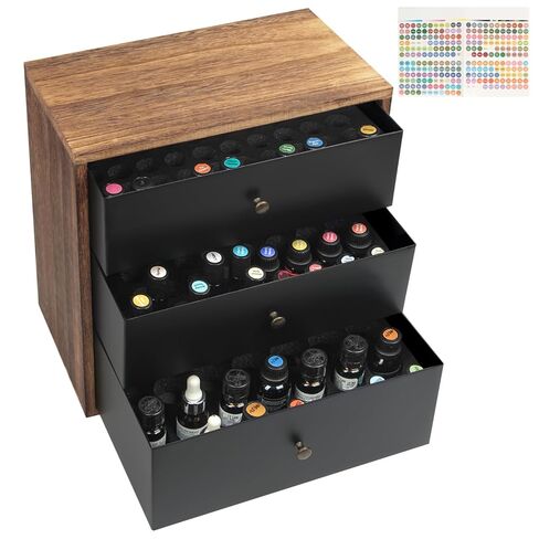 J JACKCUBE DESIGN Essential Oil Storage Box, Holds up to 124 Bottles 5-30 ml Standard and Roller Bottles, 3 Tier Metal & Wooden Drawer Case Organizer Display Container- MK584A in Saudi Arabia