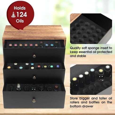 J JACKCUBE DESIGN Essential Oil Storage Box, Holds up to 124 Bottles 5-30 ml Standard and Roller Bottles, 3 Tier Metal & Wooden Drawer Case Organizer Display Container- MK584A in Saudi Arabia