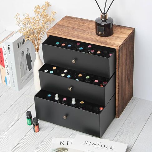 J JACKCUBE DESIGN Essential Oil Storage Box, Holds up to 124 Bottles 5-30 ml Standard and Roller Bottles, 3 Tier Metal & Wooden Drawer Case Organizer Display Container- MK584A in Saudi Arabia