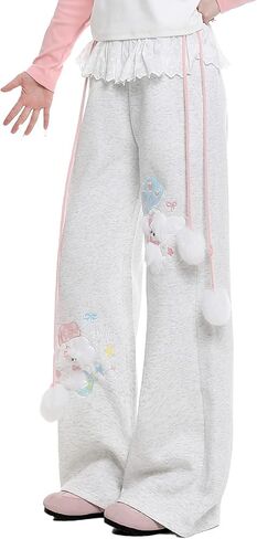 بنطلون رياضي نسائي Y2K لطيف مطرز بالدانتيل منتفخ برباط مرن سروال برسومات الكلب واسع الأرجل مستقيمة in Kuwait