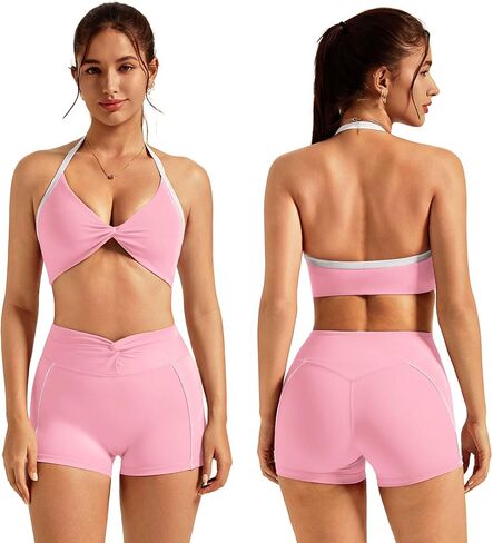 طقم تمارين للنساء من قطعتين، حمالة صدر رياضية برقبة رسن، شورت عالي الخصر للتحكم في البطن، ملابس رياضية لليوجا والجيم بدون ظهر in Kuwait