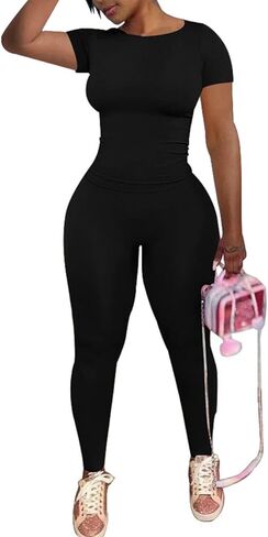 PINSV 2 Piece Sets for Women Summer Workout Sets Short Sleeve Top Jogger Legging Pants Track Suits in Saudi Arabia