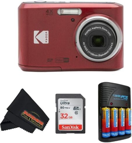 كاميرا رقمية KODAK PIXPRO FZ45 بمستشعر CMOS بدقة 16 ميجابكسل وتكبير بصري 5X مع قطعة قماش للتنظيف من الألياف الدقيقة لصور أشعة الشمس (حزمة متقدمة، أحمر) in Saudi Arabia