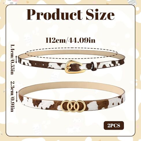 2 PCS Cow Print Belt for Women, Cow Print Belt, Adjustable Cowhide Belts with Western Style, Retro Fashion Accessory for Jeans and Dresses,Set with 44-Inch Length in Kuwait