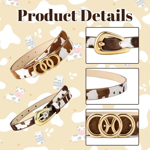 2 PCS Cow Print Belt for Women, Cow Print Belt, Adjustable Cowhide Belts with Western Style, Retro Fashion Accessory for Jeans and Dresses,Set with 44-Inch Length in Kuwait
