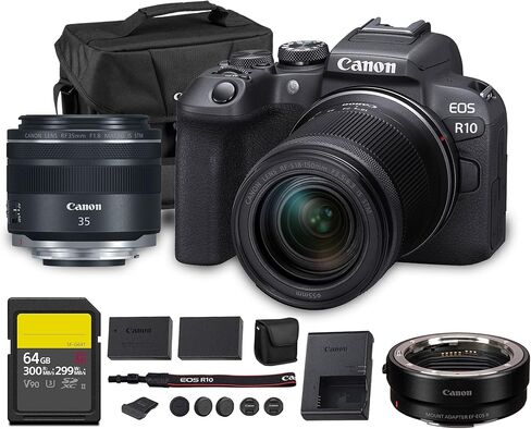 طقم كاميرا Canon EOS R10 بدون مرآة | مستشعر APS-C بدقة 24.2 ميجابكسل مع عدسة RF-S مقاس 18-150 مم | تصوير فيديو 4K ثنائي البكسل AF صغير الحجم أثناء السفر (5331C016) + عدسة Canon RF مقاس 50 مم f/1.8 + محول EF-EOS R + المزيد in Kuwait