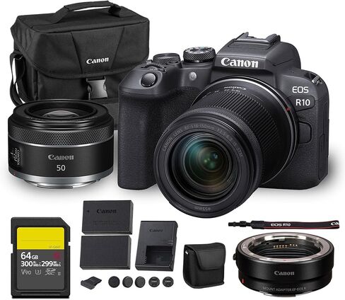طقم كاميرا Canon EOS R10 بدون مرآة | مستشعر APS-C بدقة 24.2 ميجابكسل مع عدسة RF-S مقاس 18-150 مم | تصوير فيديو 4K ثنائي البكسل AF صغير الحجم أثناء السفر (5331C016) + عدسة Canon RF مقاس 50 مم f/1.8 + محول EF-EOS R + المزيد in Saudi Arabia
