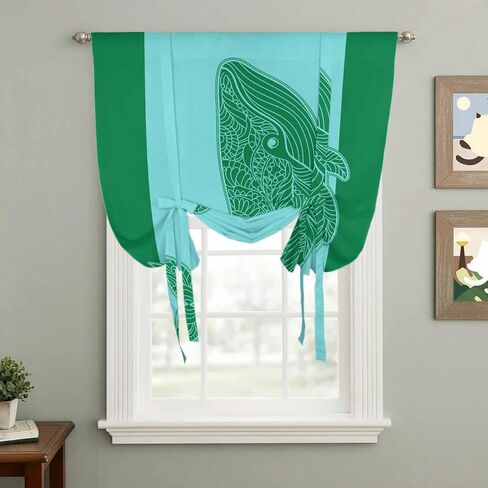 Green Whale Tie Up Curtains for Window, Mandalas Boho Modern Abstract Aqua Stripe Thermal Insulated Balloon Shade Adjustable Rod Pocket Curtains Valance Panels for Kitchen Bathroom Café 42'' x 63'' in Saudi Arabia