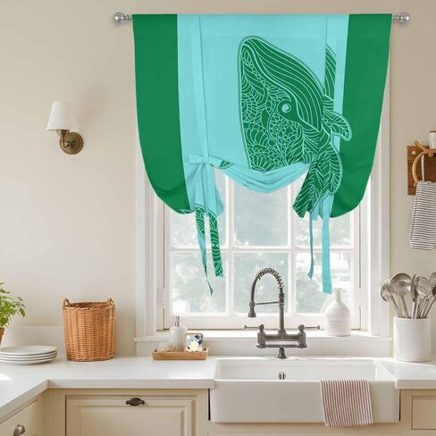 Green Whale Tie Up Curtains for Window, Mandalas Boho Modern Abstract Aqua Stripe Thermal Insulated Balloon Shade Adjustable Rod Pocket Curtains Valance Panels for Kitchen Bathroom Café 42'' x 63'' in Saudi Arabia