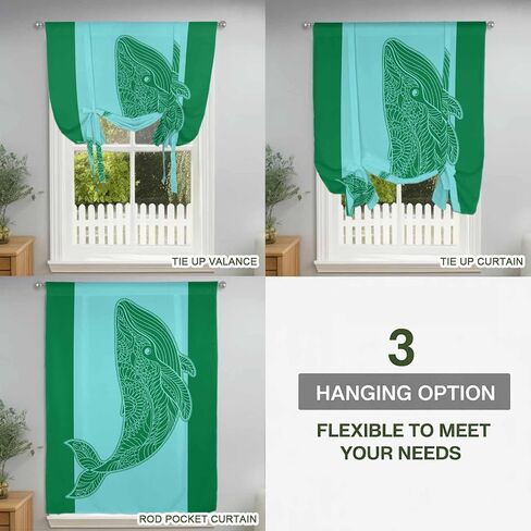 Green Whale Tie Up Curtains for Window, Mandalas Boho Modern Abstract Aqua Stripe Thermal Insulated Balloon Shade Adjustable Rod Pocket Curtains Valance Panels for Kitchen Bathroom Café 42'' x 63'' in Saudi Arabia