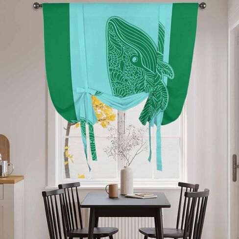 Green Whale Tie Up Curtains for Window, Mandalas Boho Modern Abstract Aqua Stripe Thermal Insulated Balloon Shade Adjustable Rod Pocket Curtains Valance Panels for Kitchen Bathroom Café 42'' x 63'' in Saudi Arabia