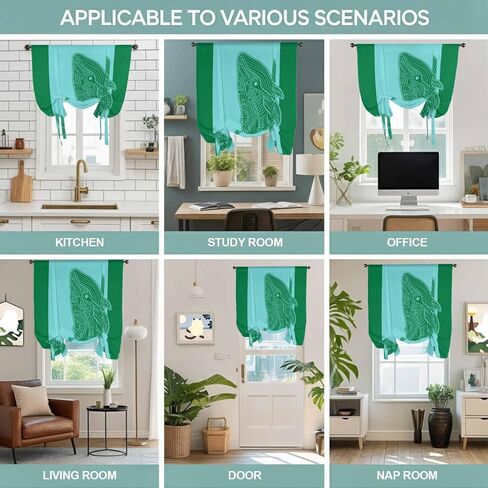 Green Whale Tie Up Curtains for Window, Mandalas Boho Modern Abstract Aqua Stripe Thermal Insulated Balloon Shade Adjustable Rod Pocket Curtains Valance Panels for Kitchen Bathroom Café 42'' x 63'' in Saudi Arabia