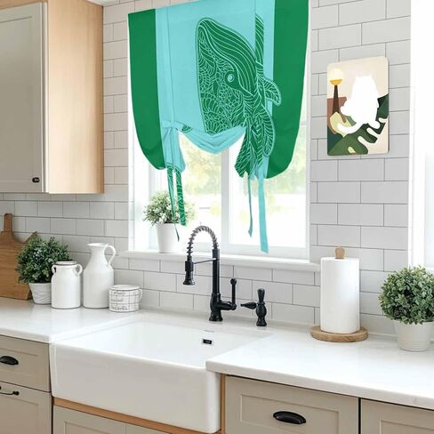 Green Whale Tie Up Curtains for Window, Mandalas Boho Modern Abstract Aqua Stripe Thermal Insulated Balloon Shade Adjustable Rod Pocket Curtains Valance Panels for Kitchen Bathroom Café 42'' x 63'' in Saudi Arabia