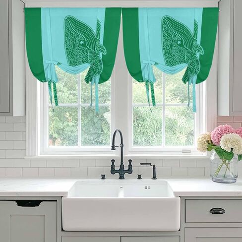 Green Whale Tie Up Curtains for Window, Mandalas Boho Modern Abstract Aqua Stripe Thermal Insulated Balloon Shade Adjustable Rod Pocket Curtains Valance Panels for Kitchen Bathroom Café 42'' x 63'' in Saudi Arabia