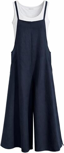 Women's Casual Loose Bib Overalls Wide Leg Jumpsuits Baggy Cotton Linen Rompers Long Pants with Pockets in Saudi Arabia