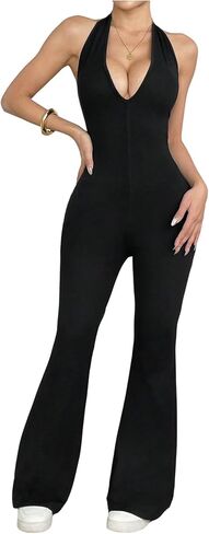 Milumia Women's Sexy Low Cut Halter Jumpsuit Sleeveless Bell Long Pants Romper Going Out in Saudi Arabia