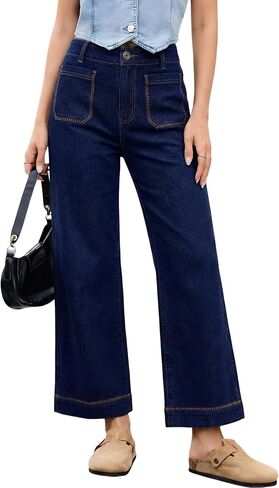 Dokotoo Womens Wide Leg Jeans High Waisted Stretchy Straight Leg Jeans Contrast Stitching Cropped Ankle Denim Pants in Saudi Arabia