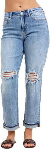 Judy Blue Womens Jeans - Mid Rise Boyfriend with Destroy & Cuff in Saudi Arabia