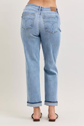 Judy Blue Womens Jeans - Mid Rise Boyfriend with Destroy & Cuff in Saudi Arabia