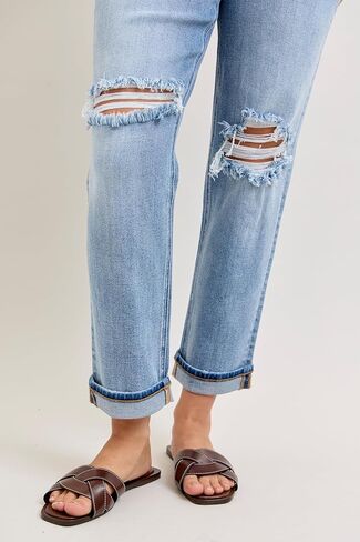 Judy Blue Womens Jeans - Mid Rise Boyfriend with Destroy & Cuff in Saudi Arabia