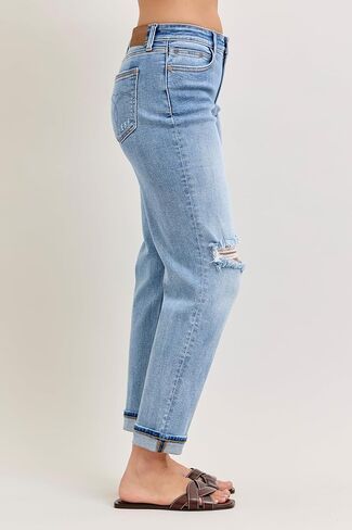 Judy Blue Womens Jeans - Mid Rise Boyfriend with Destroy & Cuff in Saudi Arabia