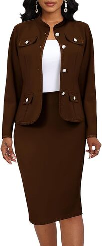 Women's Brown Two Piece Sets Business Casual Blazer Jacket and Skirt Outfits Suits Wear to Work(X-Large) in Kuwait