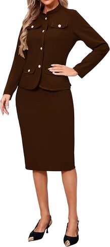 Women's Brown Two Piece Sets Business Casual Blazer Jacket and Skirt Outfits Suits Wear to Work(X-Large) in Kuwait