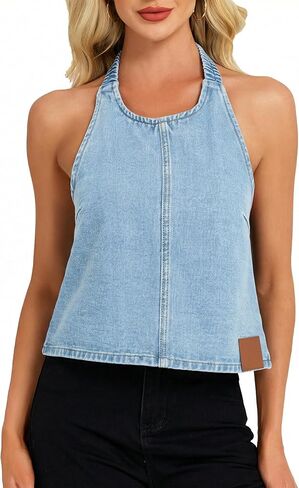 Ladyful Women’s Halter Denim Vest Sleeveless Buckle Open Backless Jean Vests Top Casual Crewneck Y2K Western Waistcoat in Saudi Arabia