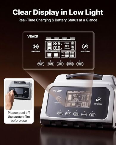 VEVOR Smart Battery Charger, 25A, 6V 12V 24V Lithium LiFePO4 Lead-Acid (Gel/AGM) Car Battery Charger, with LCD Display, Trickle Charging Maintainer Desulfator, for Car, Boat, Motorcycle, Lawn Mowers in Saudi Arabia