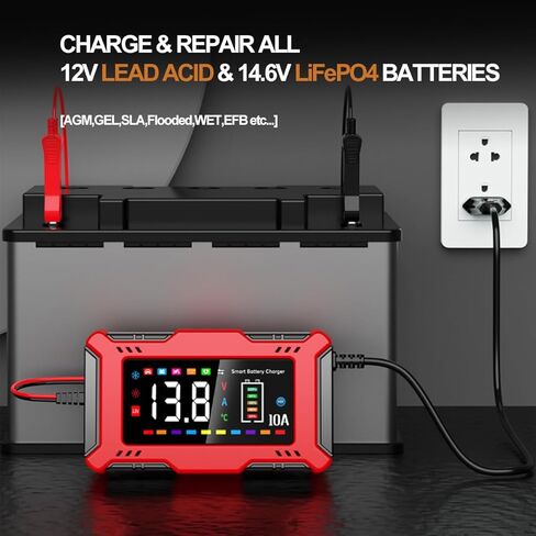 Car Battery Charger 10A with Large LCD Display for 12V Lead Acid & 14.6V LiFePO₄, Automatic Battery Maintainer, Trickle Charger, Desulfator, AGM/Gel/SLA Charger for Cars Trucks Motorcycles Boats in Saudi Arabia