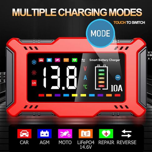 Car Battery Charger 10A with Large LCD Display for 12V Lead Acid & 14.6V LiFePO₄, Automatic Battery Maintainer, Trickle Charger, Desulfator, AGM/Gel/SLA Charger for Cars Trucks Motorcycles Boats in Saudi Arabia