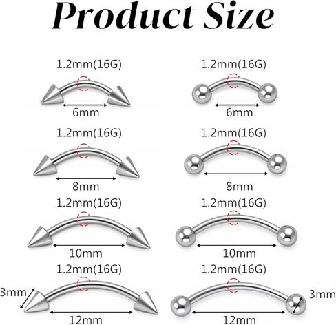 16 Pcs Eyebrow Piercing Jewelry - Curved Barbell Eyebrow Piercing - 16G 6mm 8mm 10mm 12mm Body Jewelry For Women And Men in Saudi Arabia