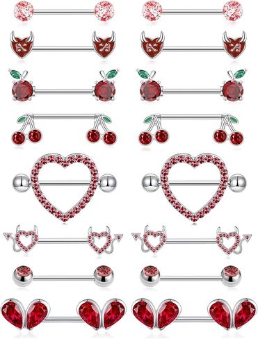 8 أزواج من حلقات الحلمة 14 جرام من الفولاذ المقاوم للصدأ على شكل قلب الكرز والتفاح الشيطان تشيكوسلوفاكيا من الأكريليك على شكل كرة من الحديد، مجموعة حلقات اللسان اللطيفة من المجوهرات المثقوبة للنساء بلون فضي أحمر in Kuwait