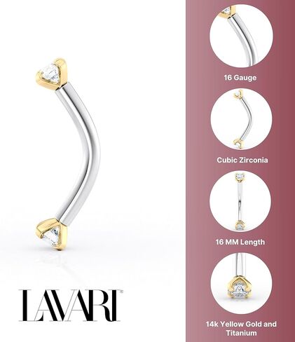 Lavari Jewelers 16 Gauge Cubic Zirconia Curved Barbell Eyebrow Stud for Women I 14k Yellow Gold and Titanium Stud Ring I Unisex Hypoallergenic Piercing Jewelry I 16G Body Piercing Jewelry for Men in Saudi Arabia