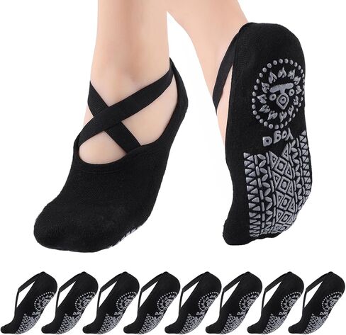 Pengxiaomei 4 Pairs Black Yoga Socks for Women, Non Slip Grip Socks Pilates Sock with Toes for Ballet Yoga Pilates Women's Fitness Gift in Kuwait
