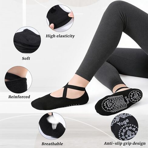 Pengxiaomei 4 Pairs Black Yoga Socks for Women, Non Slip Grip Socks Pilates Sock with Toes for Ballet Yoga Pilates Women's Fitness Gift in Kuwait